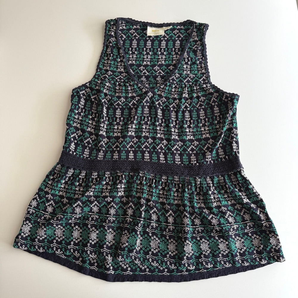 Maeve‎ by Anthropologie Cammie Embroidered Peplum Top Eyelet Navy Green Tank L